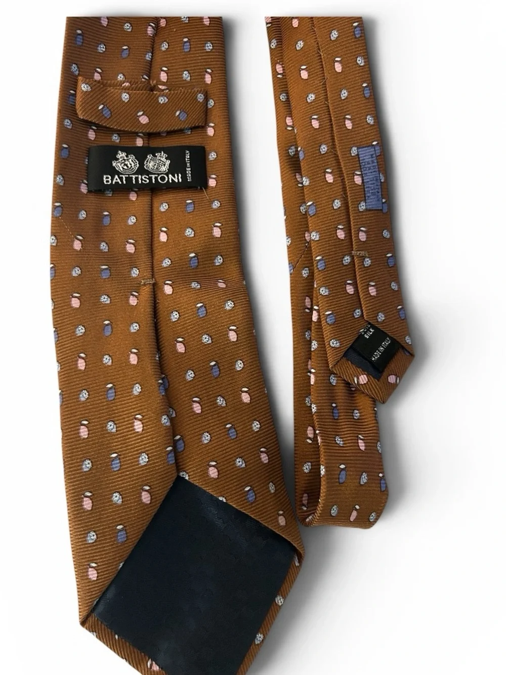 Battistoni Silk Brown Tie Handmade In Italy 100% Silk EUC Geometric Design EUC